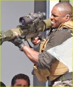 June 17th 2010 Los Angeles, California. ***WORLD EXCLUSIVE*** The very first photos of Shia LaBeouf and Rosie Huntington Whiteley filming Transformers 3. Director Michael Bay and actor Tyreese also photographed. This thrilling action scene involves Shia and Rosie being chased by an evil Decepticon Transformer and the US military trying to fend off the evil robot. As Shia and Rosie run for safety through an office building, the Decepticon tips the building over. For this scene one floor of an office building was built on a giant platform that tilts to an angle. All cast and crew appeared to be very happy working together and very focused on creating the "greatest action film of all time". Later in the day, while filming continued, a big satellite TV was brought on the set to air the live championship game between the Los Angeles Lakers and the Boston Celtics. Everyone stopped working to watch the final few minutes of the exciting game. When the Lakers won, there were wild cheers and applause by most people on set including big Laker fan, Shia LaBeouf. Photo by Eric Ford/ On Location News. 818 613 3955 info@onlocationnews.com