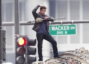 #5517018 Brutalized actors Shia LaBeouf and Patrick Dempsey battle it out on larger then life rubble in Chicago, IL on July 31, 2010 with the help of their stunt doubles for Transformers 3. Fame Pictures, Inc Santa Monica, CA, USA +1 (310) 395