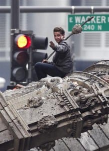 #5517019 Brutalized actors Shia LaBeouf and Patrick Dempsey battle it out on larger then life rubble in Chicago, IL on July 31, 2010 with the help of their stunt doubles for Transformers 3. Fame Pictures, Inc Santa Monica, CA, USA +1 (310) 395