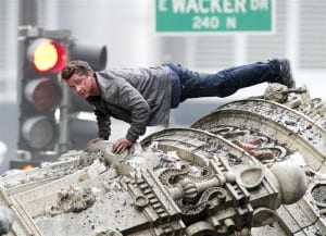 #5517543 Brutalized actors Shia LaBeouf and Patrick Dempsey battle it out on larger then life rubble in Chicago, IL on July 31, 2010 with the help of their stunt doubles for Transformers 3. Fame Pictures, Inc Santa Monica, CA, USA +1 (310) 395